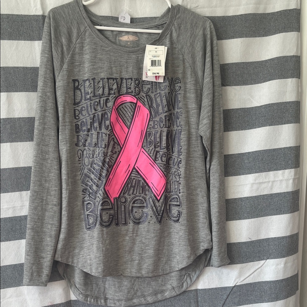 Gray Long Sleeve Top with Pink Ribbon Design